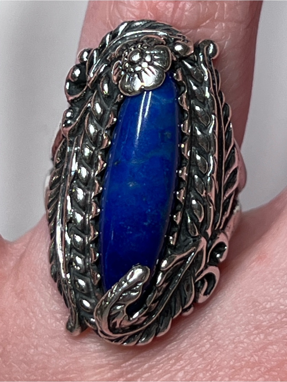 925 Sterling Silver Blue Marquise Lapis Ring Leaf Design Signed Sz 6.5-7?